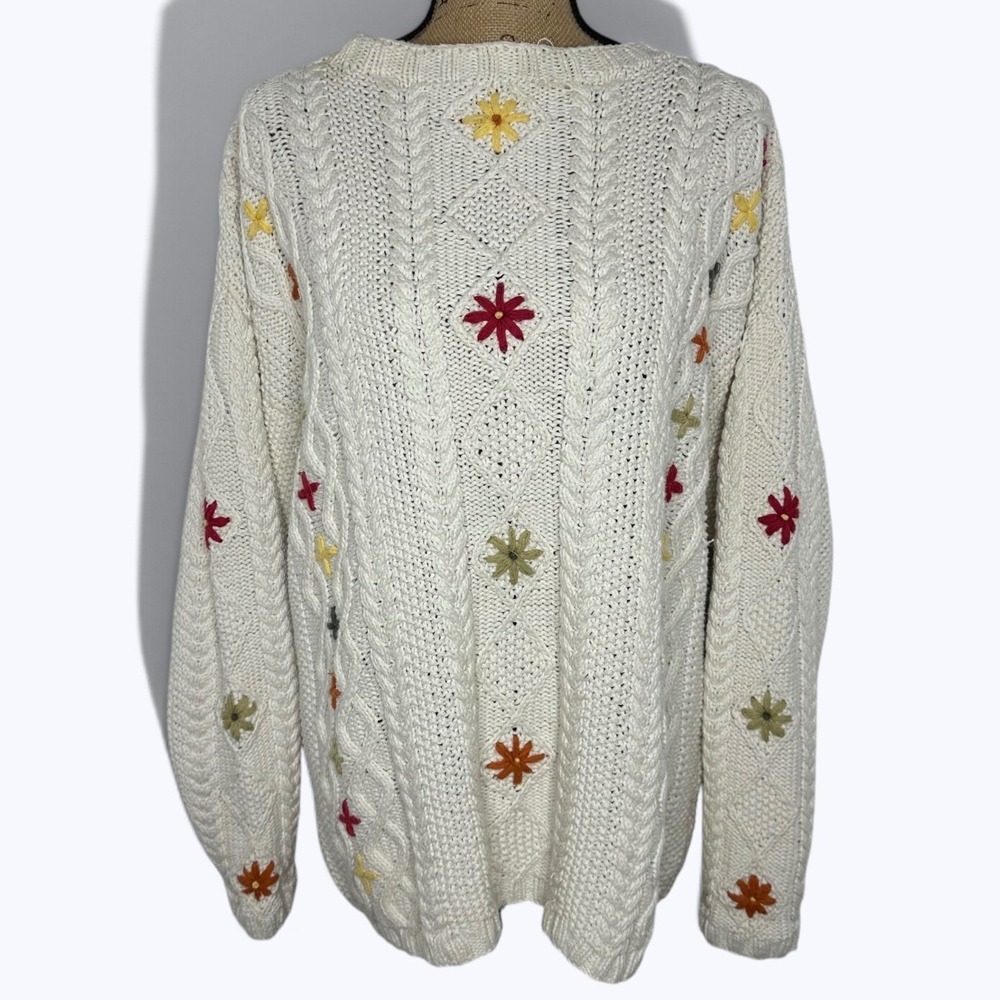 Country Rose Floral Embroidered Cable Knit Sweater Vtg Chunky Cottagecore Sz L